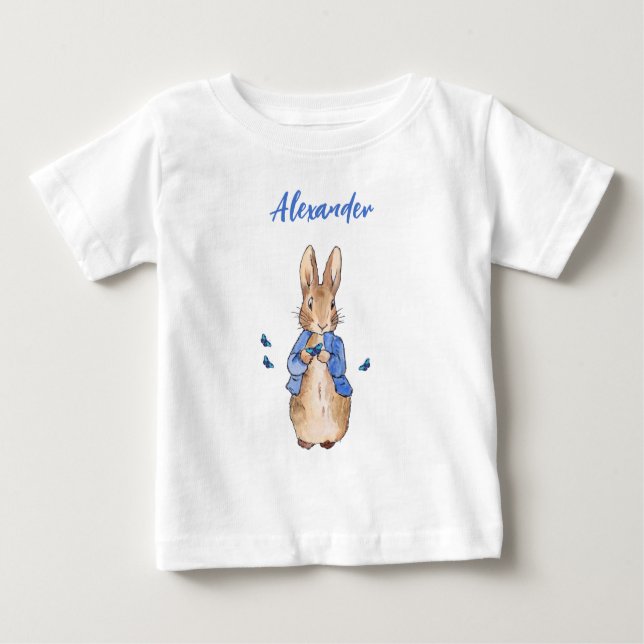Personalize Name Peter the Rabbit blue butterflies Baby T-Shirt (Front)