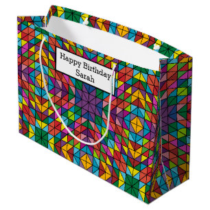 Personalize Name Quilt Pattern Happy Birthday Large Gift Bag