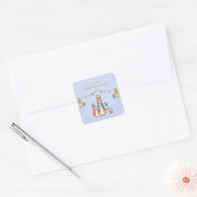 Personalize Peter rabbit 1st Birthday Square Sticker (Envelope)