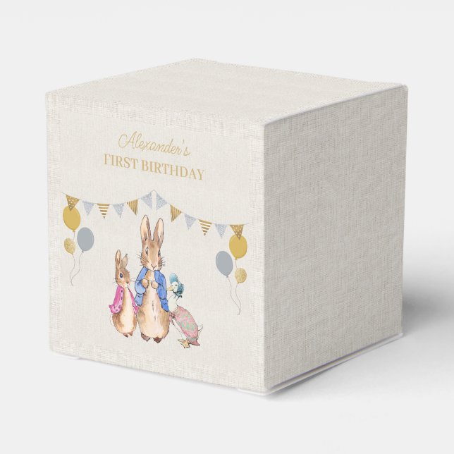 Personalize Peter rabbit beige linen 1st Birthday Favour Box (Back Side)