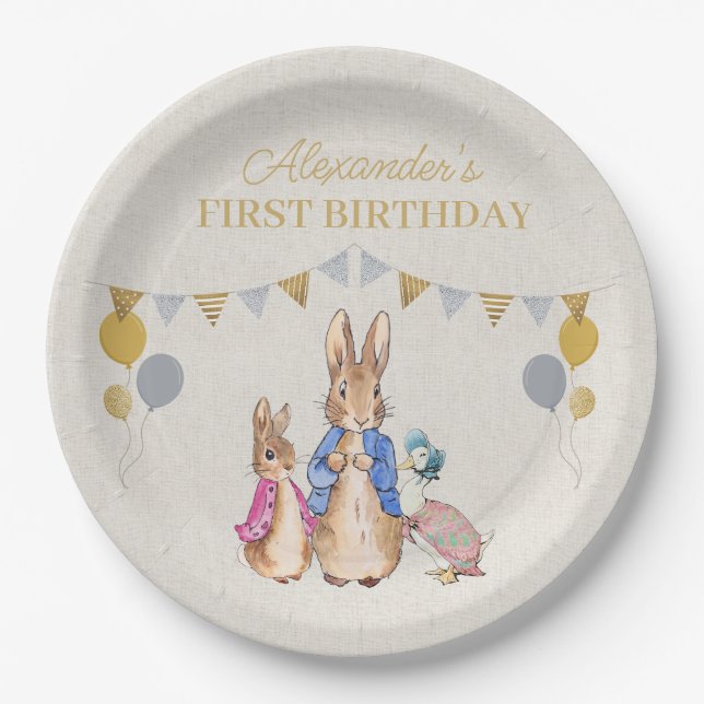 Personalize Peter rabbit beige linen 1st Birthday Paper Plate (Front)