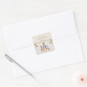 Personalize Peter rabbit beige linen 1st Birthday Square Sticker