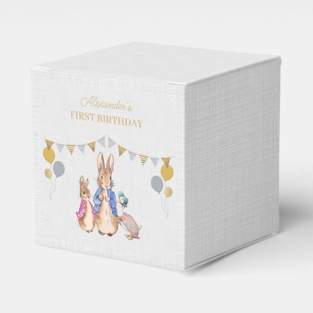 Personalize Peter rabbit gray linen 1st Birthday Favour Box (Front Side)