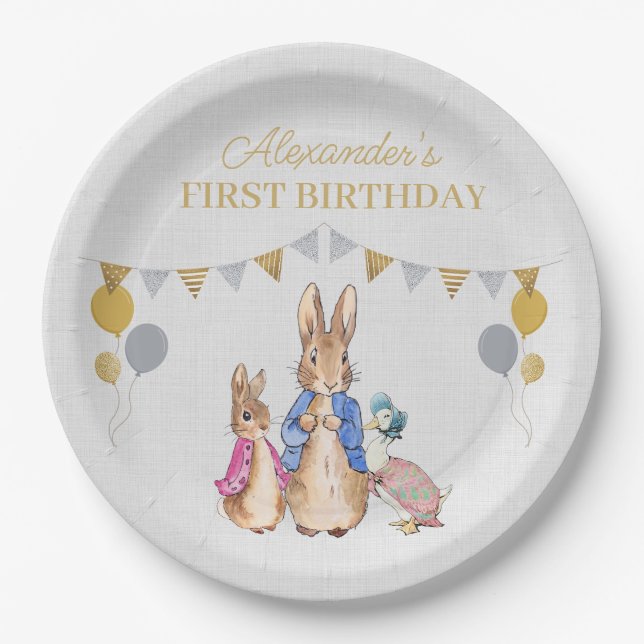 Personalize Peter rabbit gray linen 1st Birthday Paper Plate (Front)