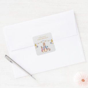 Personalize Peter rabbit gray linen 1st Birthday Square Sticker