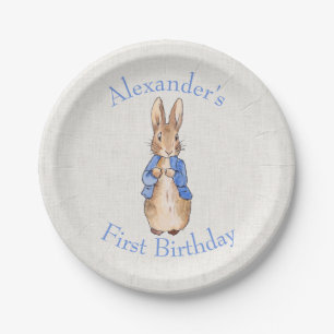 Personalize Peter the rabbit beige linen textured  Paper Plate