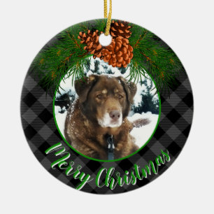 Personalize photo template gray plaid Holiday Pet  Ceramic Tree Decoration