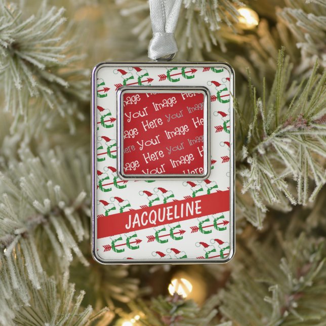 PERSONALIZE Photo Text Christmas Cross Country Silver Plated Framed Ornament (Tree)