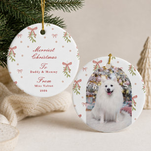 Personalize Pink Bow Mistletoe Pet Photo Christmas Ceramic Tree Decoration