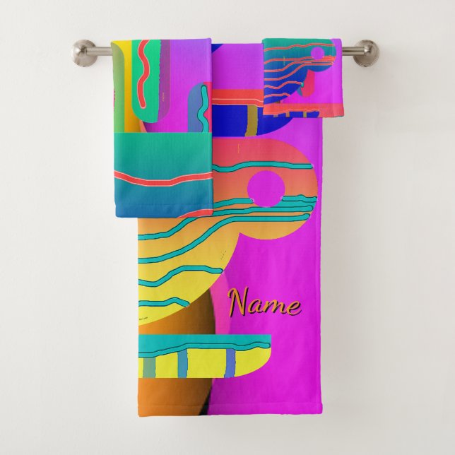 Personalize Rainbow Geo Coffee Cups Artsy  Bath Towel Set (Insitu)