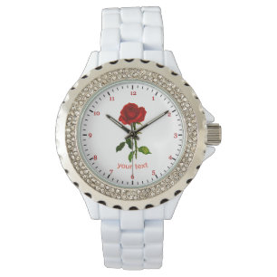 Personalize Red rose with leaves Custom name Watch