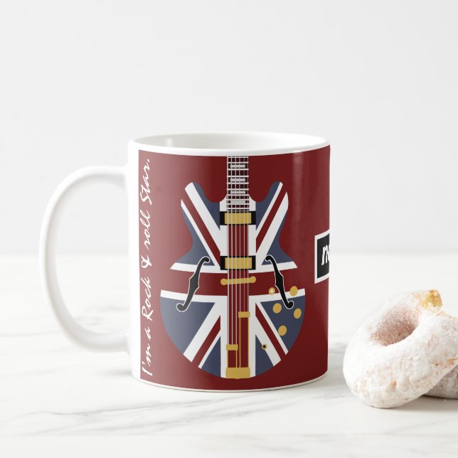 Personalize Rock & Roll Star Union Jack Guitar Coffee Mug (With Donut)