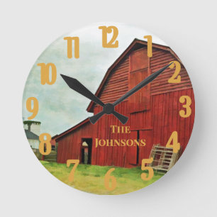 Personalize Rustic Red Barn Scene  Round Clock
