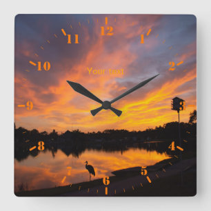 Personalize Sandhill crane silhouette at sunset Square Wall Clock