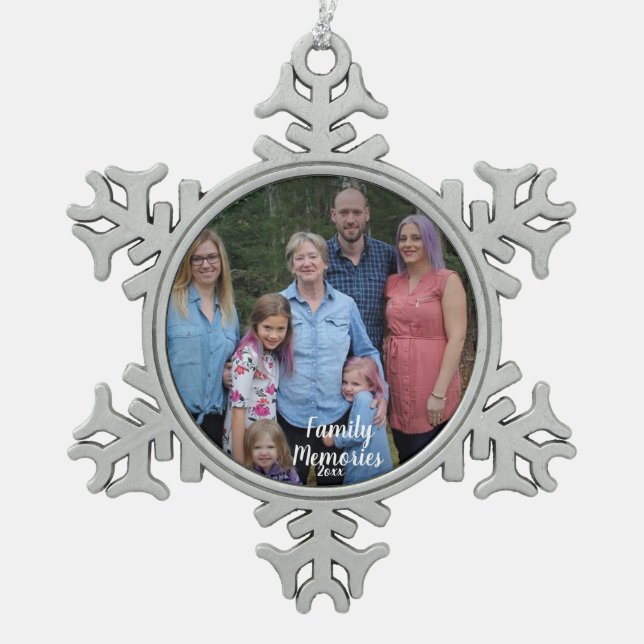 PERSONALIZE Silver Family Memories Photo Snowflake Pewter Christmas Ornament (Front)