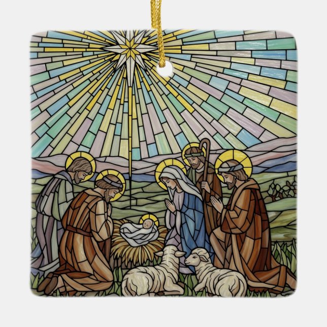 Personalize Stained Glass Nativity Scene Christmas Ceramic Ornament (Front)