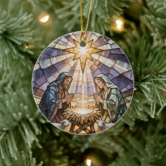 Personalize Stained Glass Nativity Scene Christmas Ceramic Tree Decoration