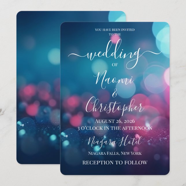 PERSONALIZE: Teal Pink Bokeh Wedding Invitation (Front/Back)