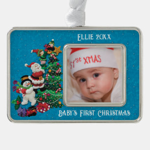 Personalize Unisex Baby's 1st Christmas Cute Chris Silver Plated Framed Ornament