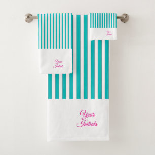 Personalize Wedding Gift Teal Striped White      Bath Towel Set