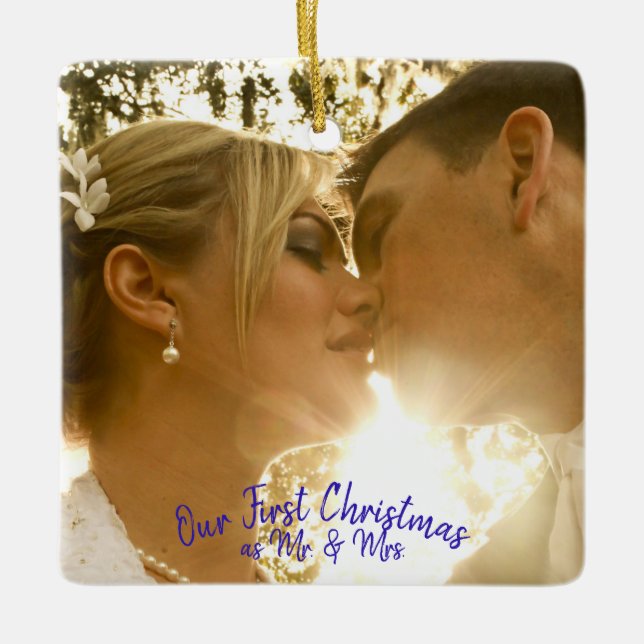 Personalize Wedding Photo Peacock Feather Ceramic Ornament (Front)