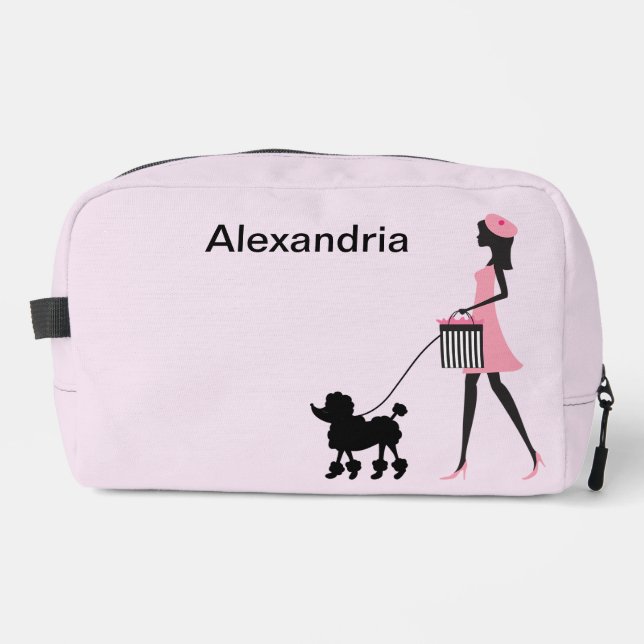 Personalize Woman in pink walking black poodle  Dopp Kit (Front)