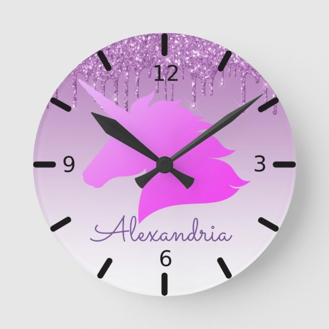 Personalize Your Own Purple Glitter Unicorn Round Clock (Front)