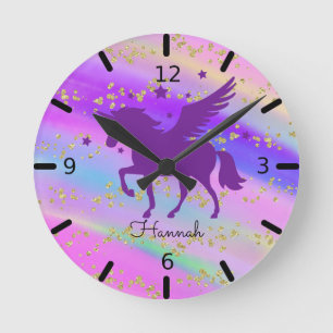 Personalize Your Own Purple Unicorn Round Clock