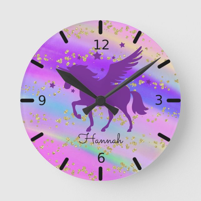 Personalize Your Own  Purple Unicorn Round Clock (Front)
