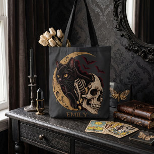 PersonalizeBlack Cat Skeleton Skull Halloween Tote Bag