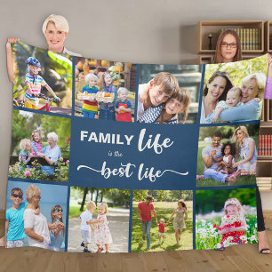 Personalized 10 Photo Collage Family Life Blue Fleece Blanket
