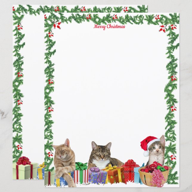 Personalized 11 x 8.5" Christmas Cat Stationery (Front/Back)