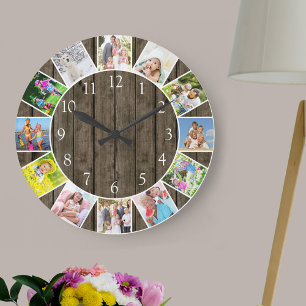 Personalized 12 Photo Collage Dark Wood Round Large Clock