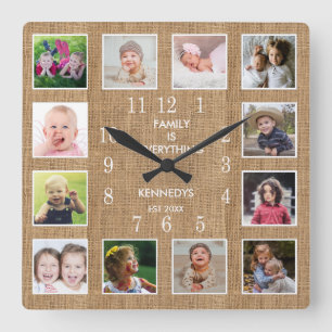 Personalized 12 Photo Collage Frame Rustic Burlap Square Wall Clock