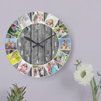 Personalized 12 Photo Collage Grey Wood Round