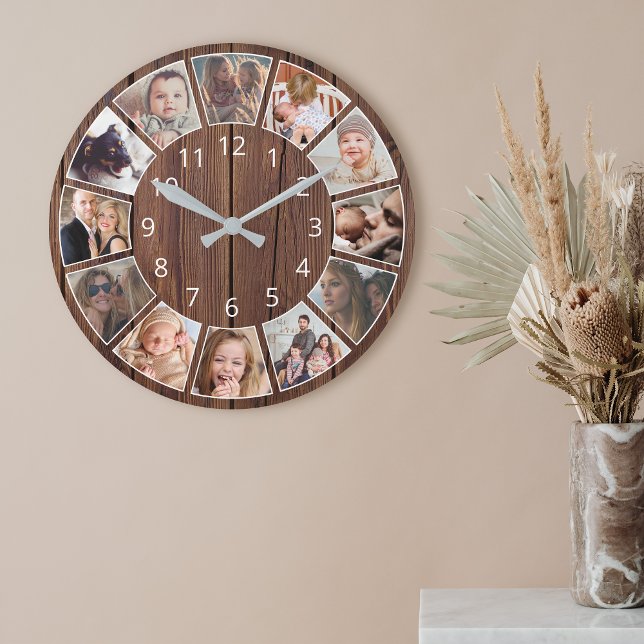 Personalized 12 Photo Collage Natural Wood Round Clock (Creator Uploaded)