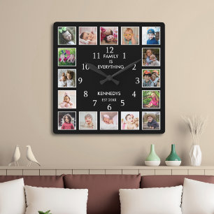 Personalized 16 Photo Collage Family Quote Black Square Wall Clock
