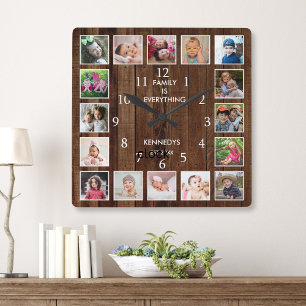 Personalized 16 Photo Collage Quote Dark Wood Square Wall Clock