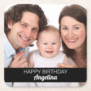 Personalized 1 Photo Happy Birthday Add Name Square Paper Coaster