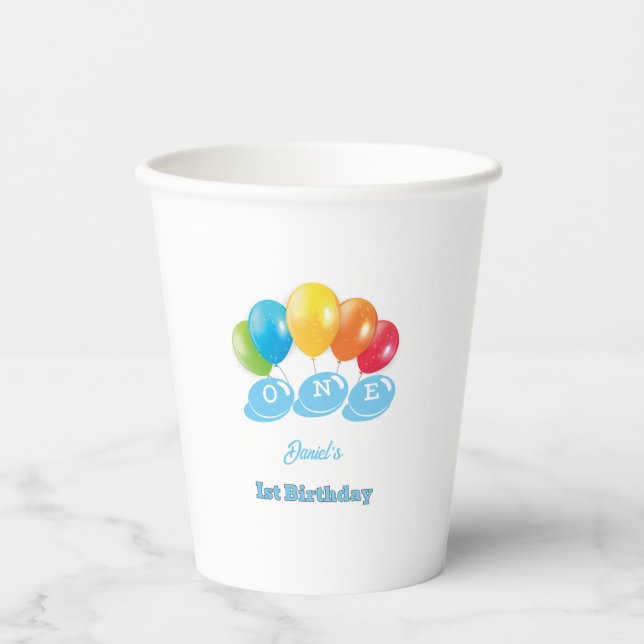 Personalized 1st Birthday Baby Blue Boy's Name Paper Cups (Front)