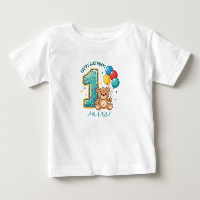 Personalized 1st Birthday Bear Baby T-Shirt (Front)
