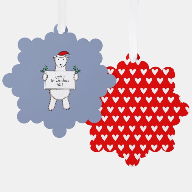 Personalized 1st Christmas Polar Bear  Tree Decoration Card (Front/Back)