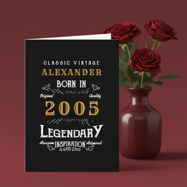 Personalized 21st Birthday Born 2005 Vintage Black Card (2005 birthday greeting card. Red background.)