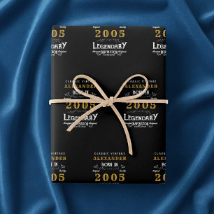 Personalized 21st Birthday Born 2005 Vintage Black Wrapping Paper Sheet