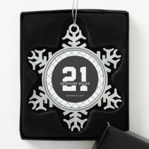 Personalized 21st Birthday Modern and Elegant   Snowflake Pewter Christmas Ornament