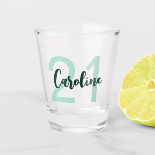 Personalized 21st Birthday Teal Green Script Shot Glass