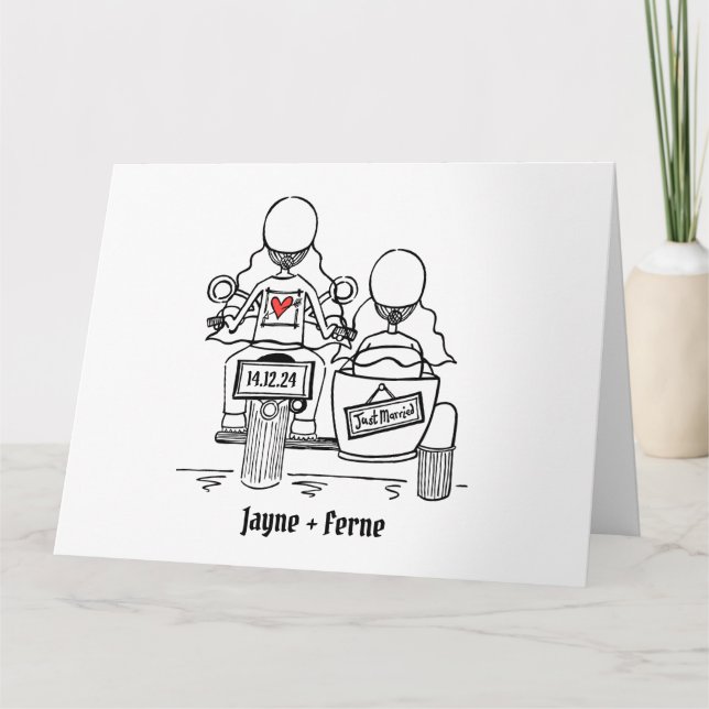 Personalized 2 Brides Motorbike & Sidecar Wedding Card (Front)