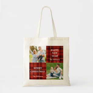 Personalized 2 Photo Tartan Pattern Plaid Holiday Tote Bag