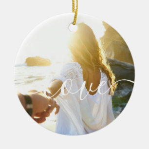 Personalized 2 Photos and Script Text Love Ceramic Tree Decoration