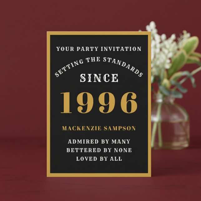 Personalized 30th Birthday 1996 Elegant Black Gold Invitation (1996 birthday invitation. Red background.)